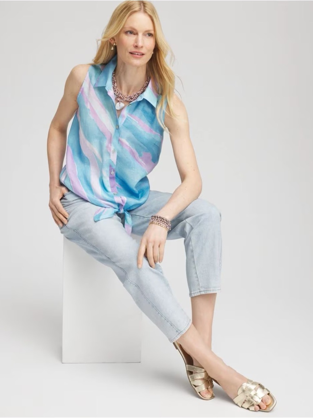 CHICO’S NWT 0.5 No Iron Linen Tie Front Sleeveless Shirt Paradiso Blue Tie Dye 6
